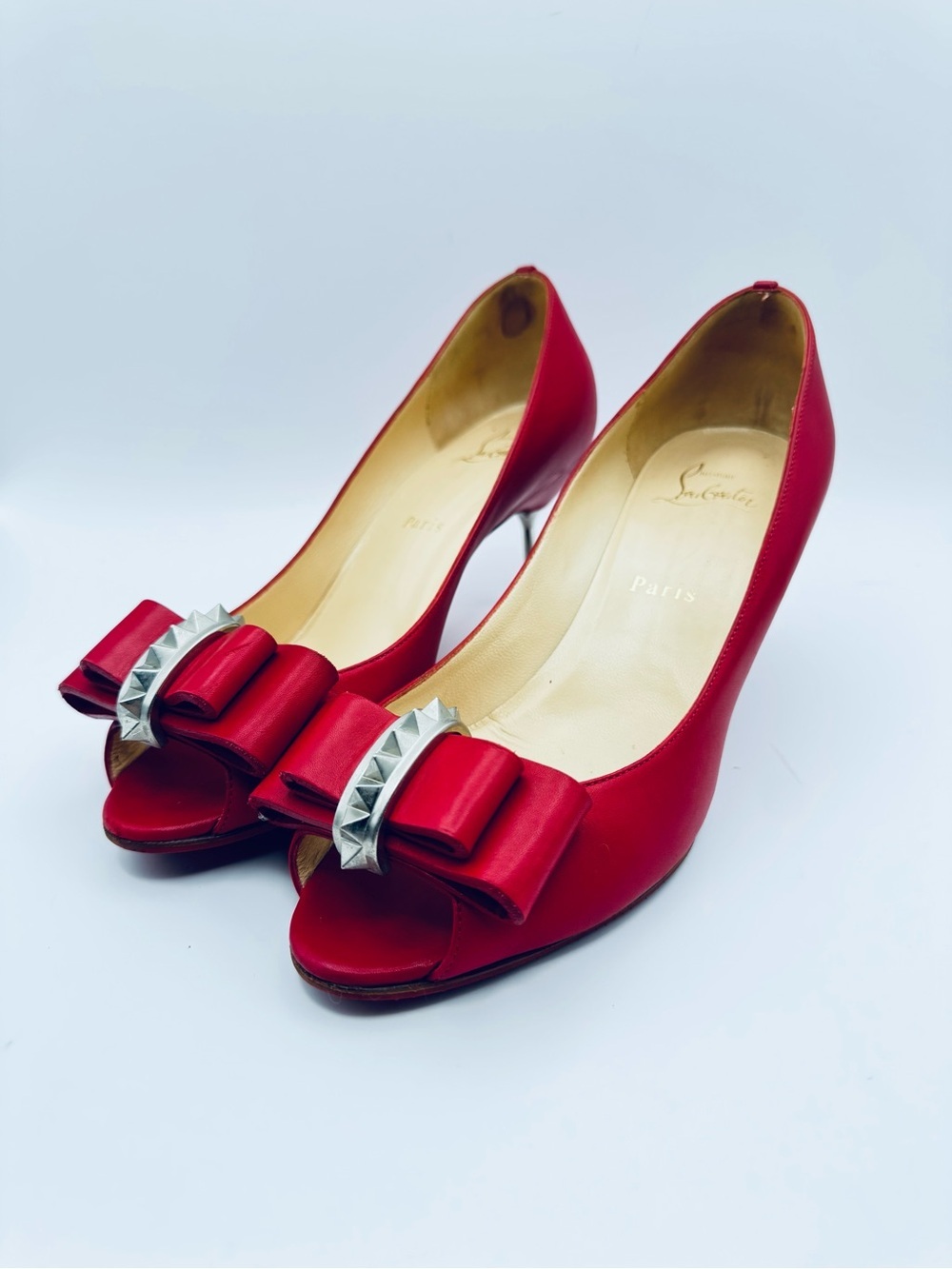 Christian Louboutin Red Leather Bow 70mm Studded Heels Pumps Size 38.5 - Picture 4 of 10